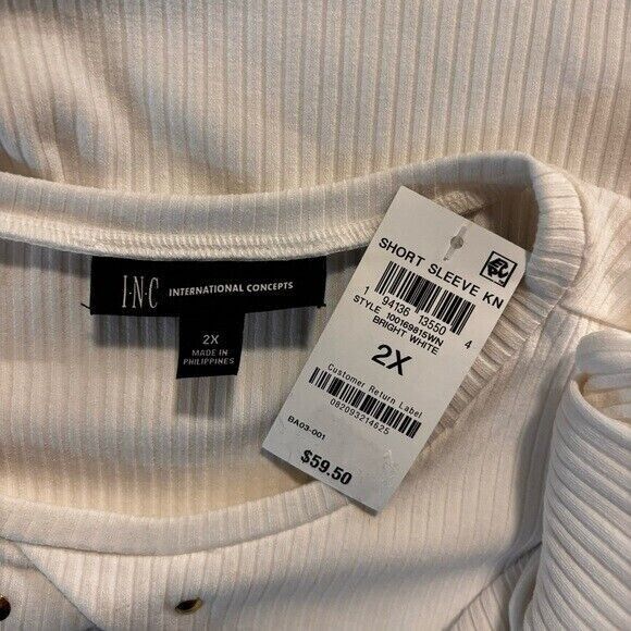 INC International Concepts Plus Size 2X White Ribbed Studded Top NWT