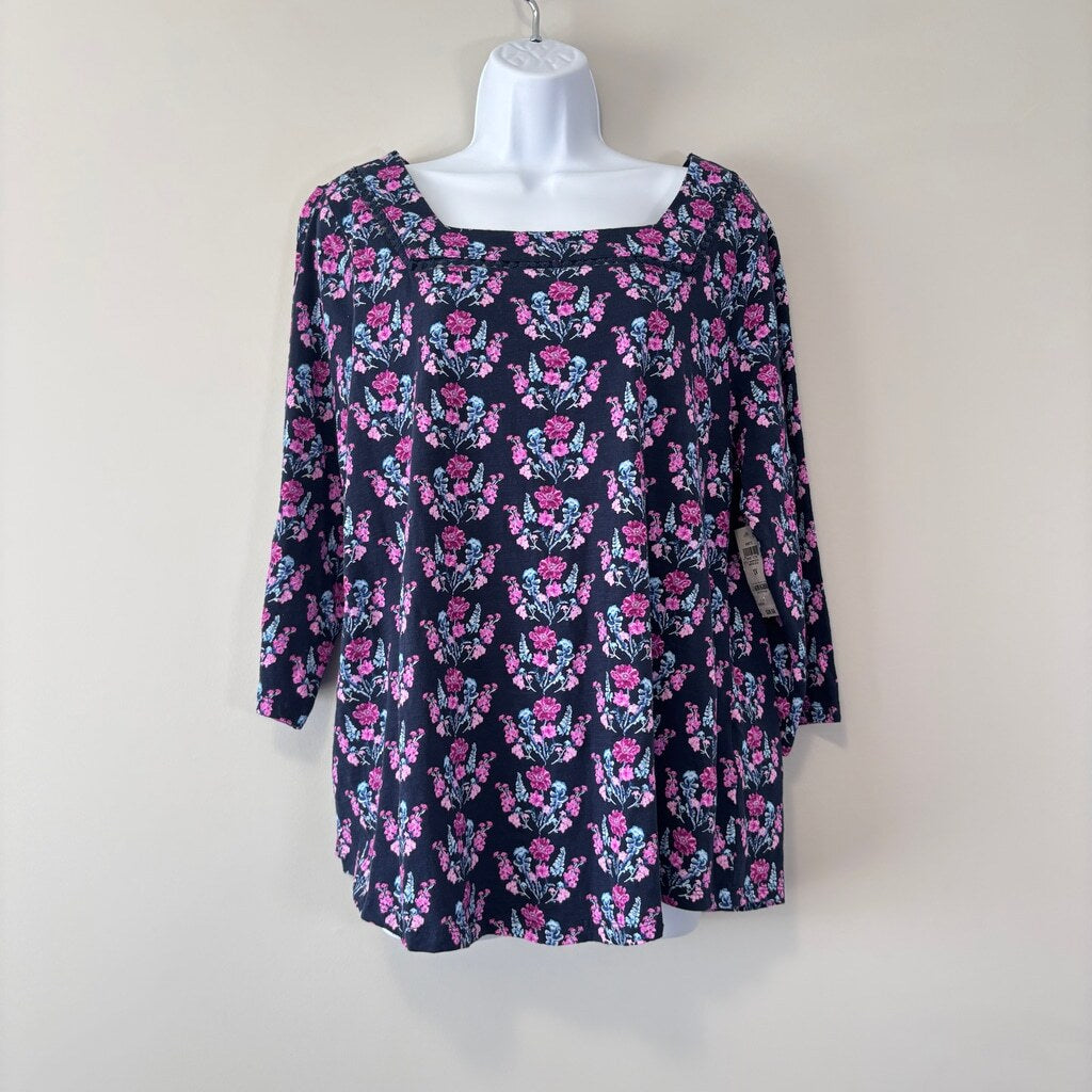 Style & Co Women's Plus Size 1X Navy & Pink Printed Cotton Square-Neck Top NWT