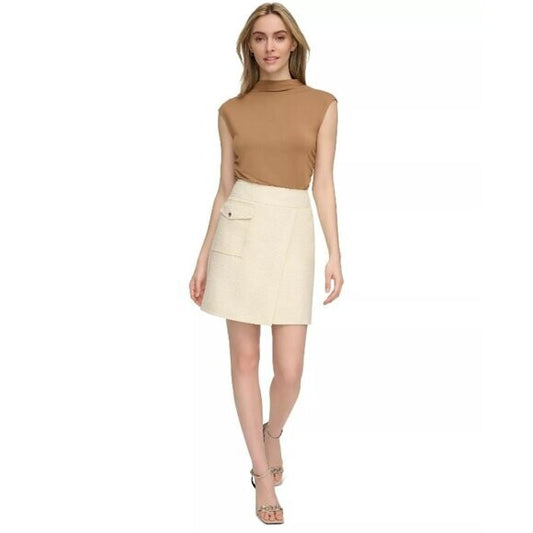 CALVIN KLEIN Women's 14 Faux-Wrap Tweed Light Beige Pocket-Front Pencil Skirt  NWT