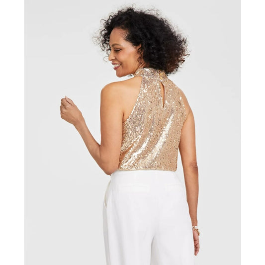 INC International Concepts Women's Medium Party Gold Sequin Halter Top NWT