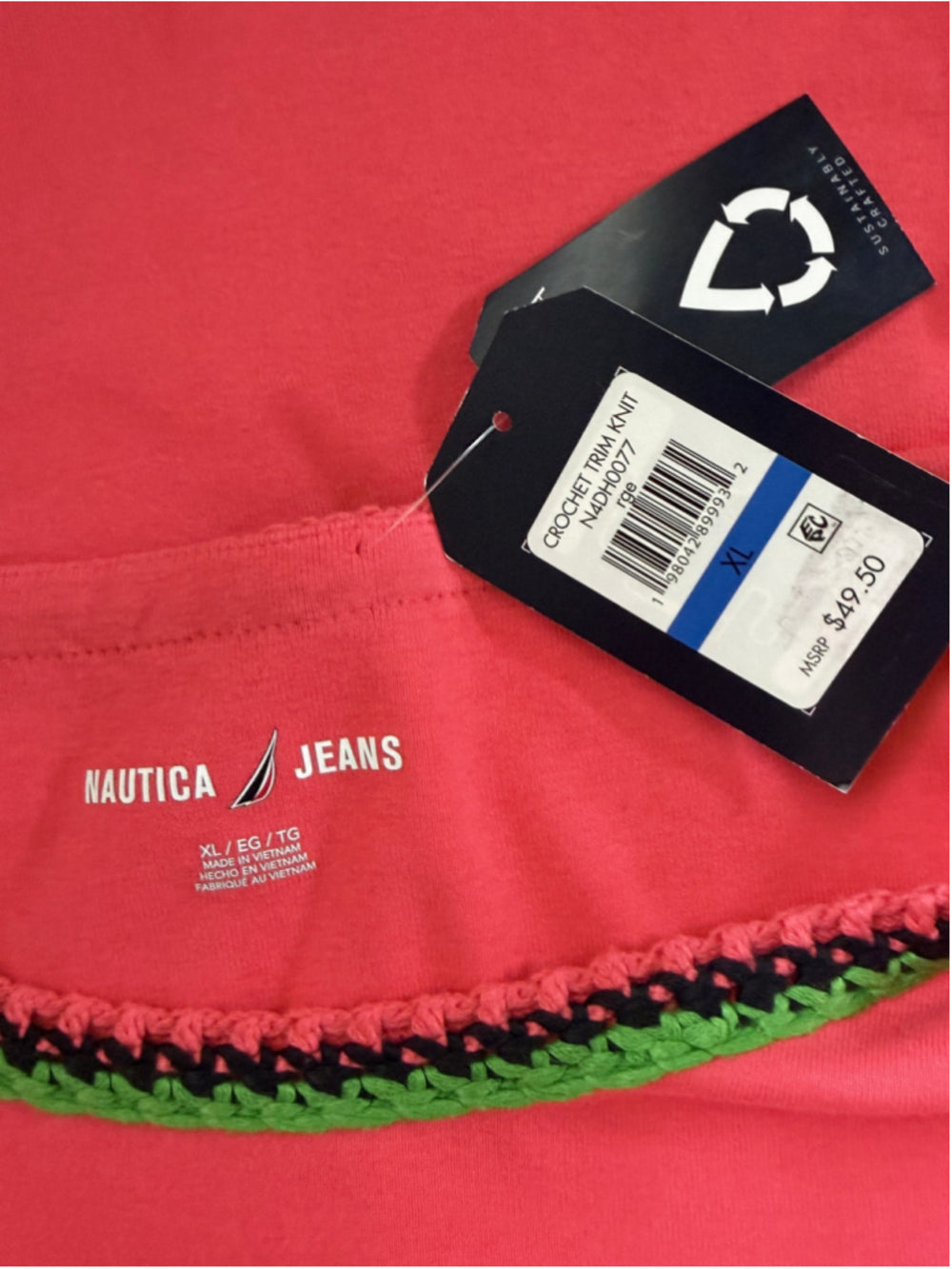 Nautica Jeans Size Extra Large Pink Cotton Crochet Trim Tee Short Sleeve Top NWT