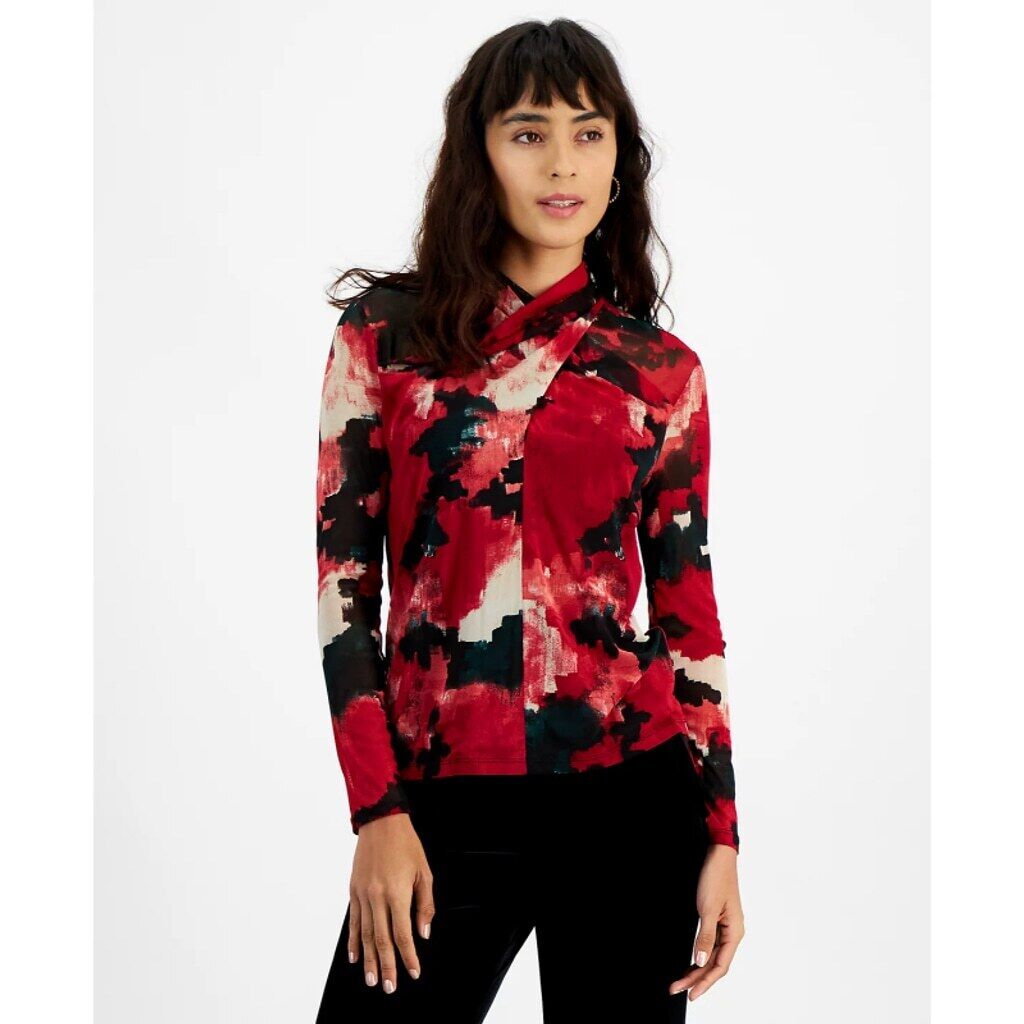 Bar III Women's Small Red Printed Twisted Mock Neck Long-Sleeve Mesh Top NWT