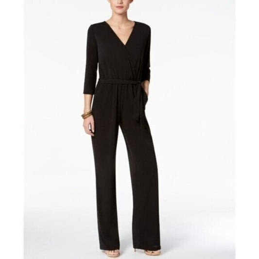 NY Collection Petite 3/4 Sleeve Belted Wide Leg Black Jumpsuit NWT