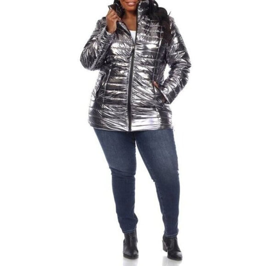 WHITE MARK Women's Plus Size 1X Silver Metallic Puffer Coat NWT
