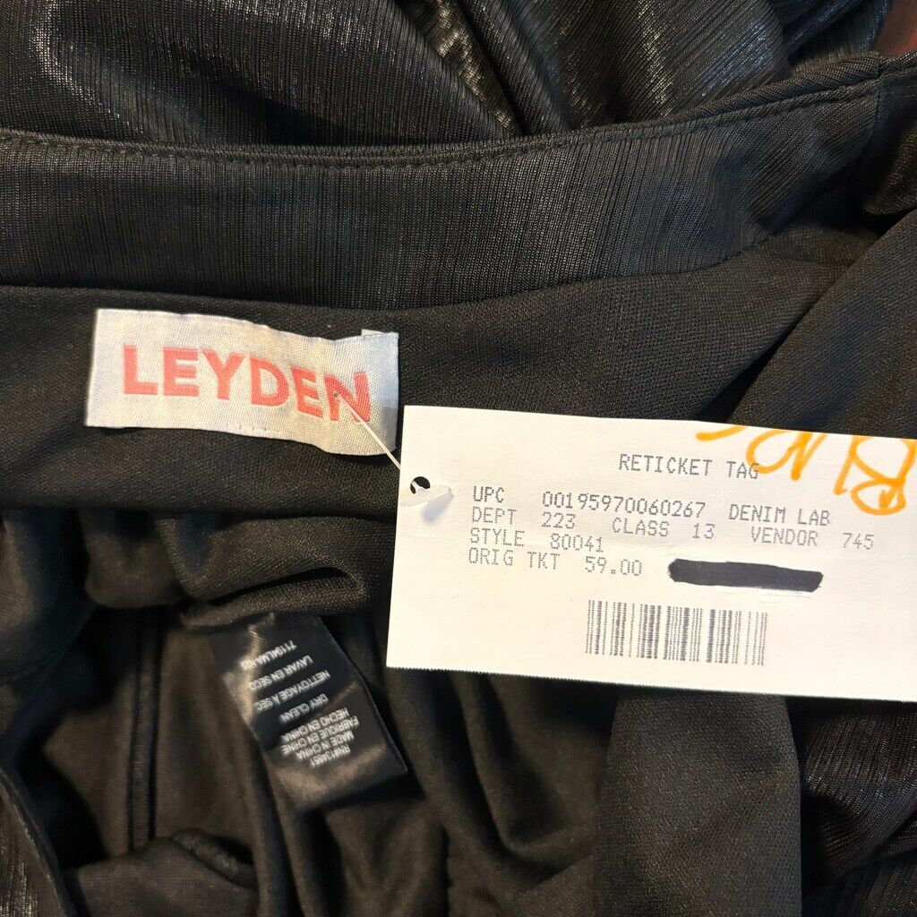 Leyden Women's Medium Shiny Black Tie-Waist Long-Sleeve V-Neck Crop Top NWT