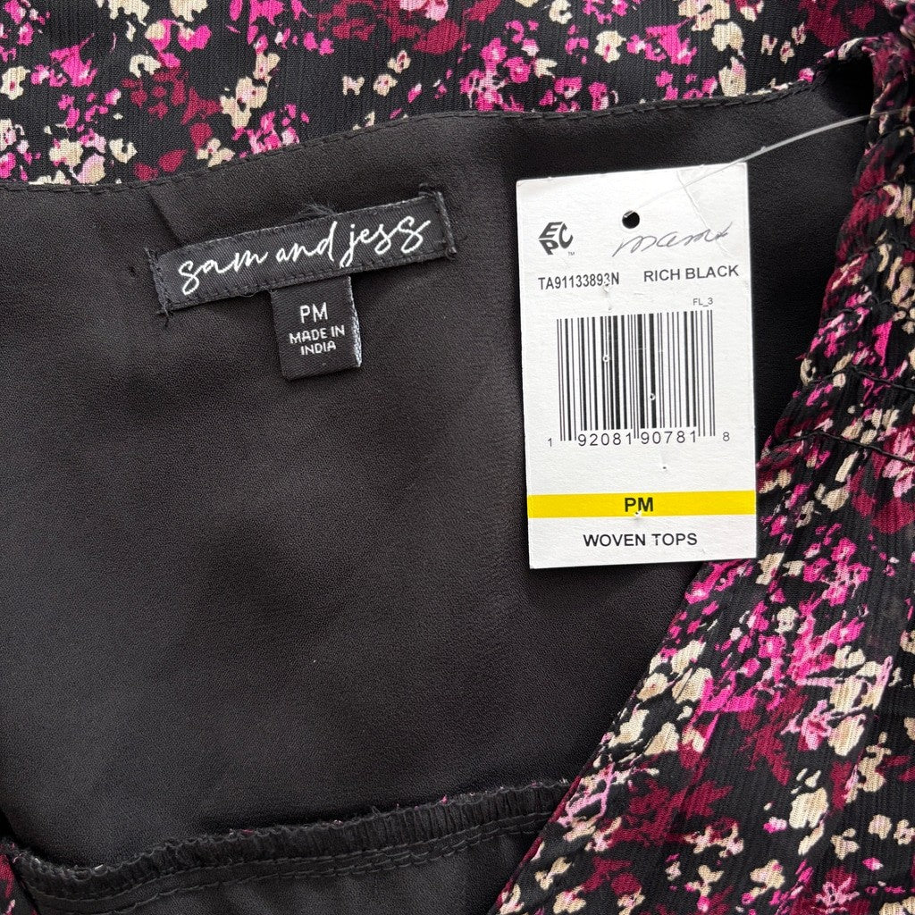 Sam & Jess Women's Medium Petite Black w/ Pink Floral Print V-Neck Top NWT
