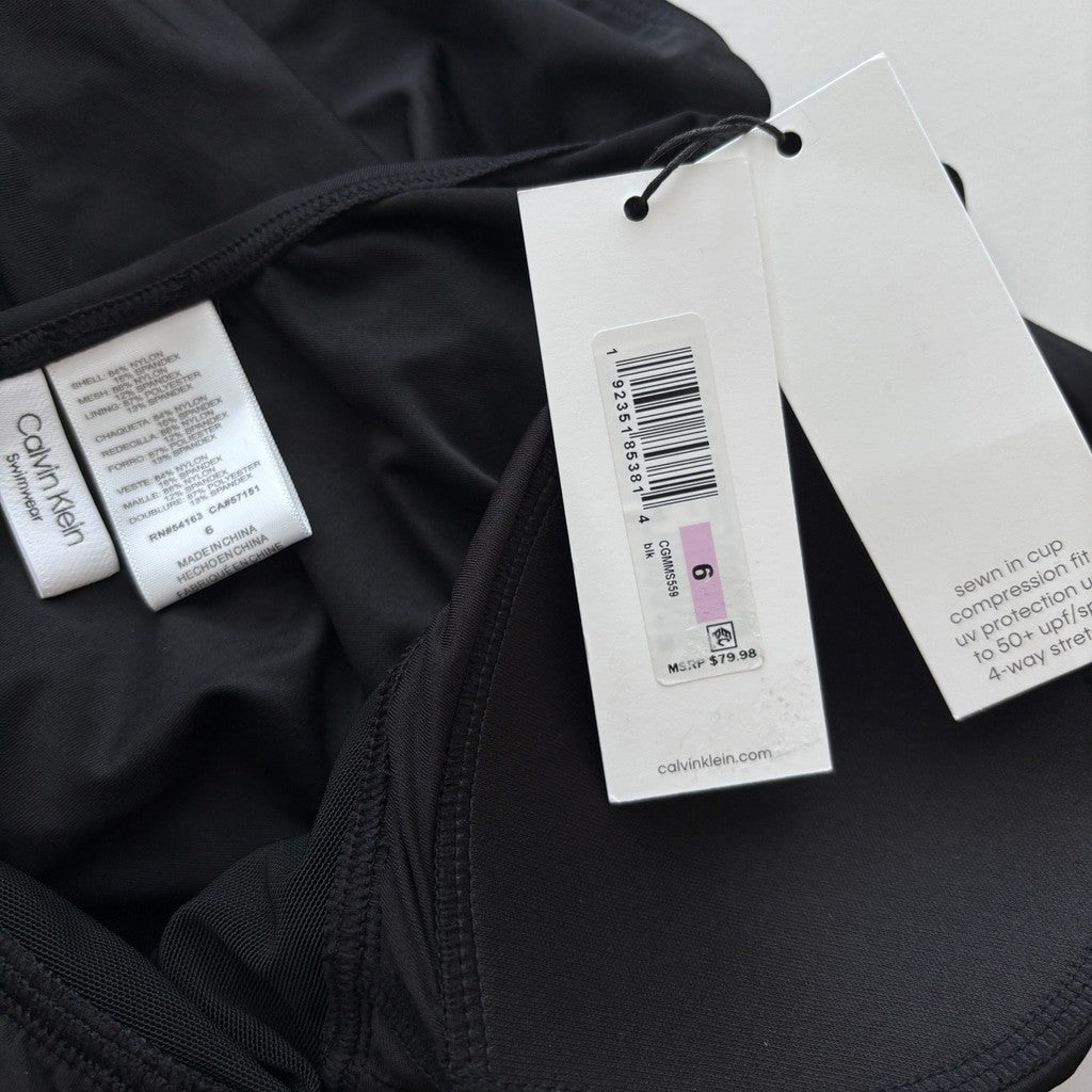 Calvin Klein Size 6 Black Twist-Front Tummy-Control One Piece Swimsuit NWT