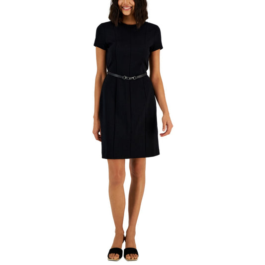 Alfani Women's Medium Petite Black Short-Sleeve Belted Dress NWT
