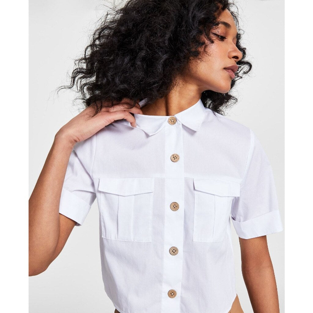 Bar III Women's Size XXL White Cropped Cuffed-Sleeve Pocket Shirt NWT