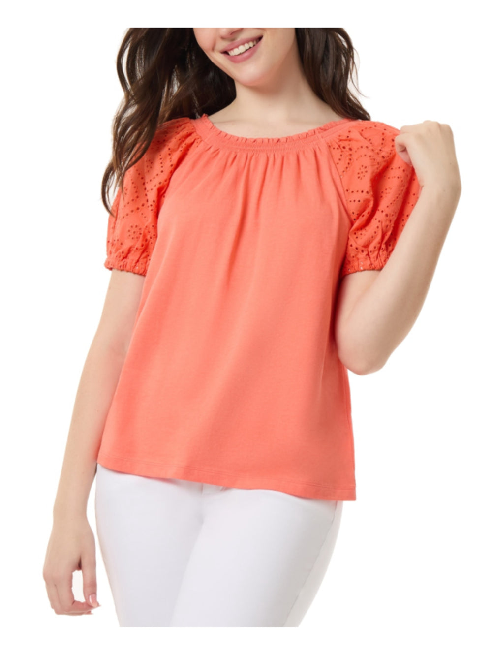 Jones New York Women's Small Sherbet Orange Eyelet Short Sleeve Top NWT