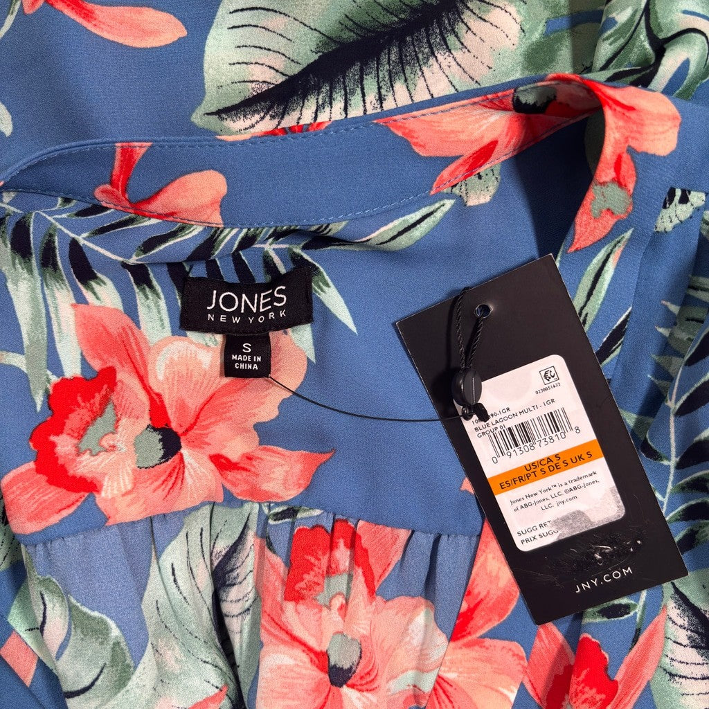 Jones New York Women's Small Blue & Floral Printed V-Neck Blouse NWT