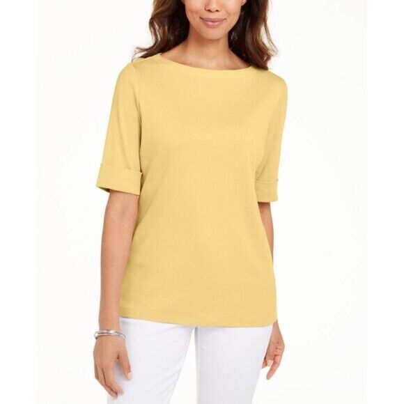 Karen Scott Women's 100% Cotton Yellow Boat-Neck Top / T-Shirt NWT.