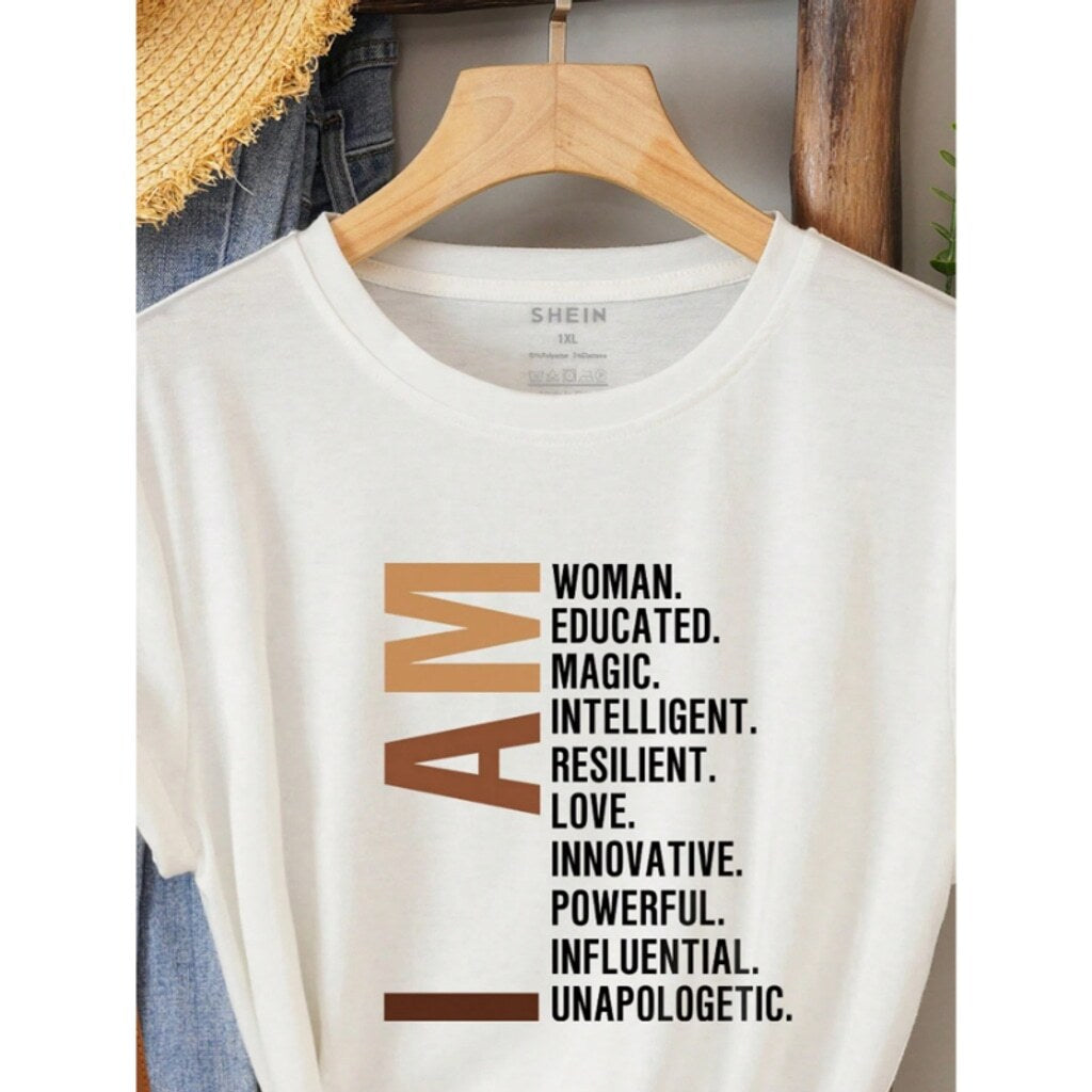 SHEIN Women's White "I AM" Slogan Graphic Casual Top Short Sleeve T-Shirt NIB