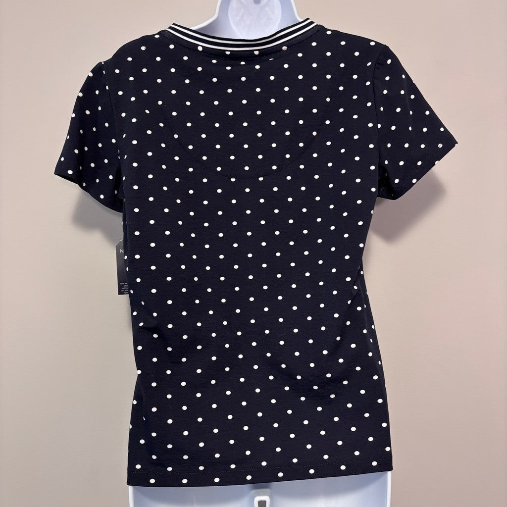 Nautica Jeans Women's Small Navy Polka-Dot Print V-Neck Short-Sleeve Top NWT