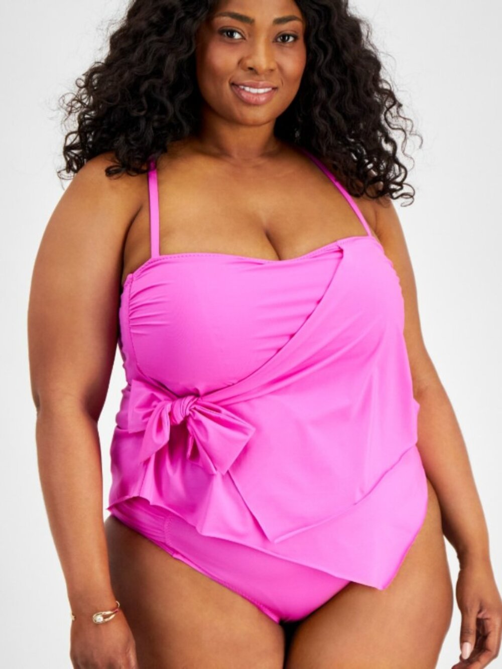 Becca ETC Plus Size 1X Pink Side-Tie Ruffle Adjustable Tankini Top NWT