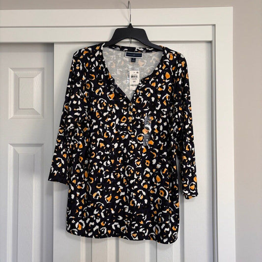 Karen Scott Women's Plus Size 0X Navy & Yellow Leopard-Print Henley Top NWT