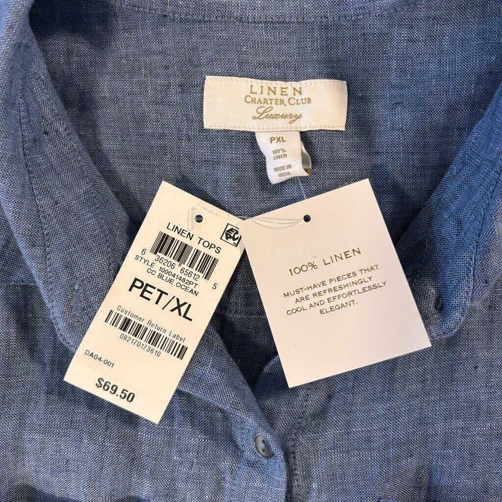 Charter Club Women's Size Petite Blue 100% Linen Button-Down Shirt NWT
