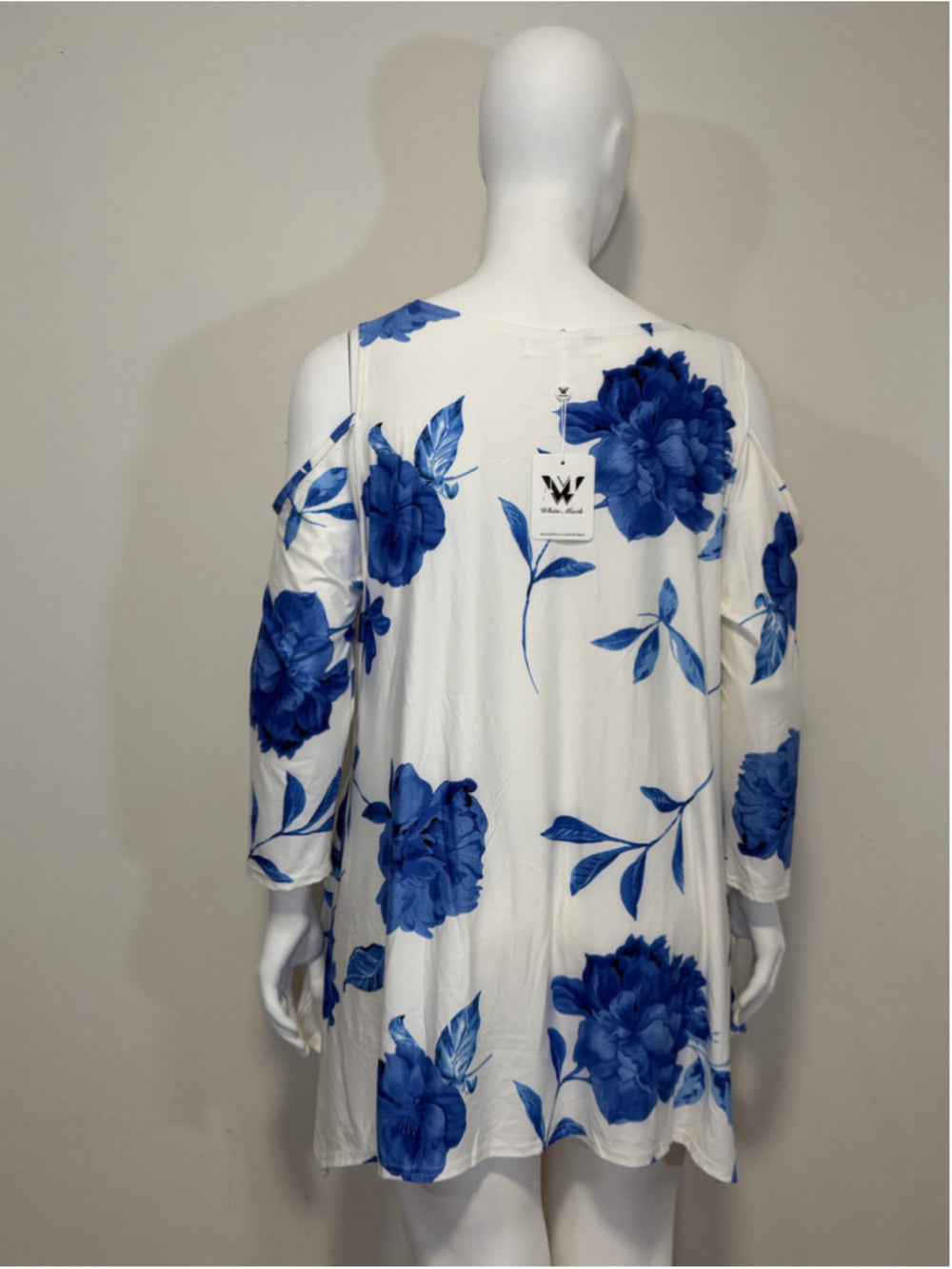 White Mark Women's 3XL Floral Cold Shoulder Tunic Top White & Blue NWT