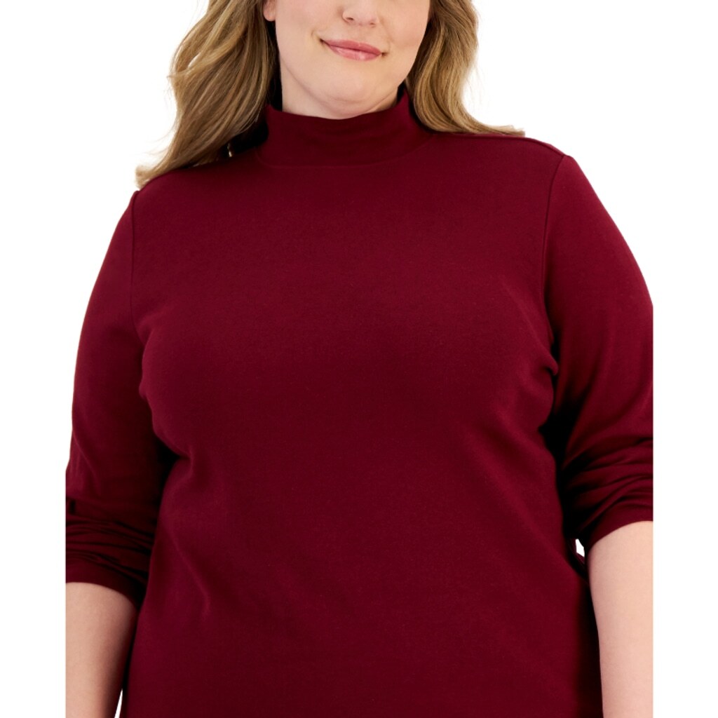 Karen Scott Plus Size 2X Burgundy 100% Cotton Mock-Neck Long Sleeve Top NWT