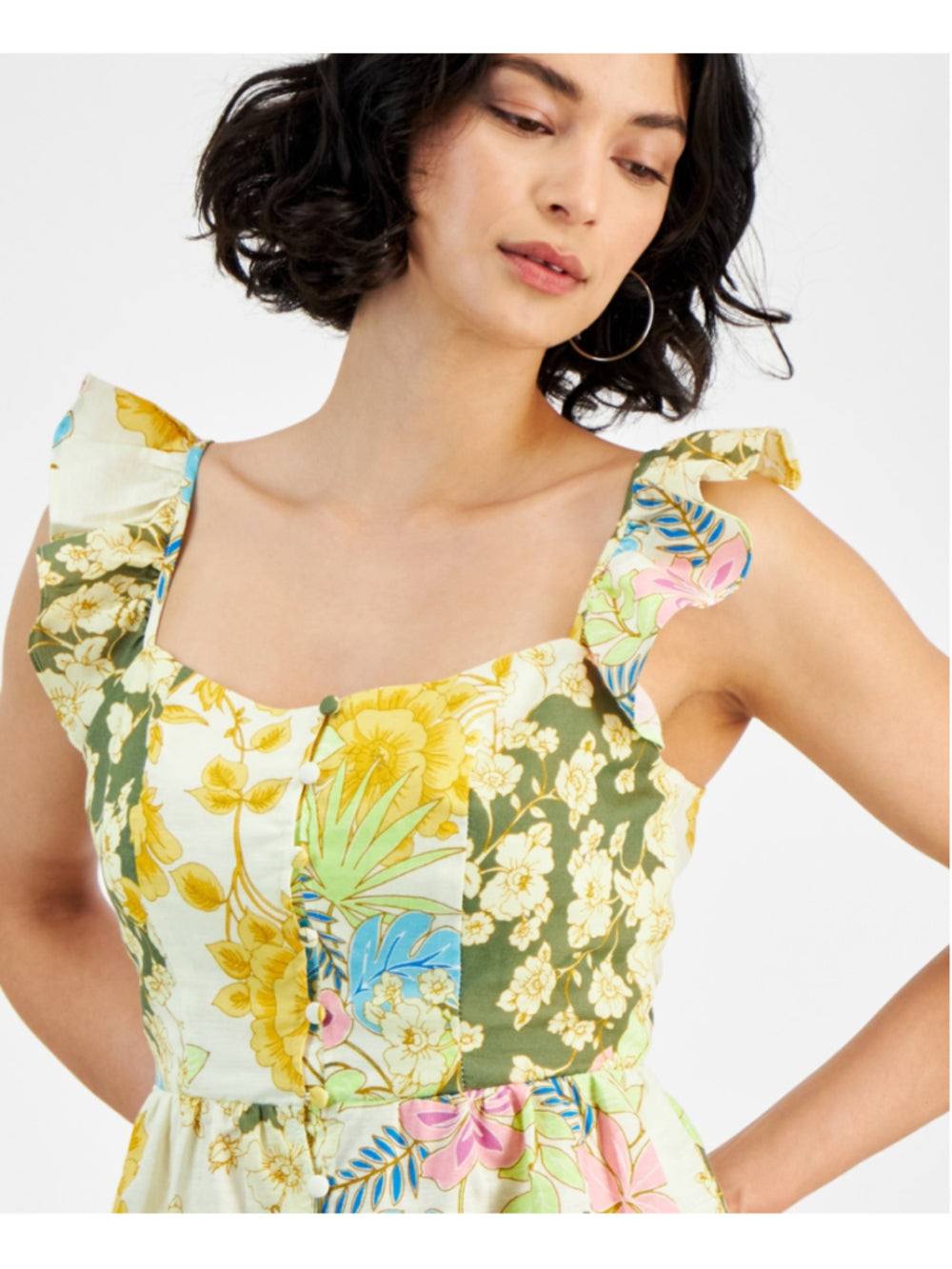 Guess Women's XL Green Floral Smocked Button-Up Peplum Top NWT