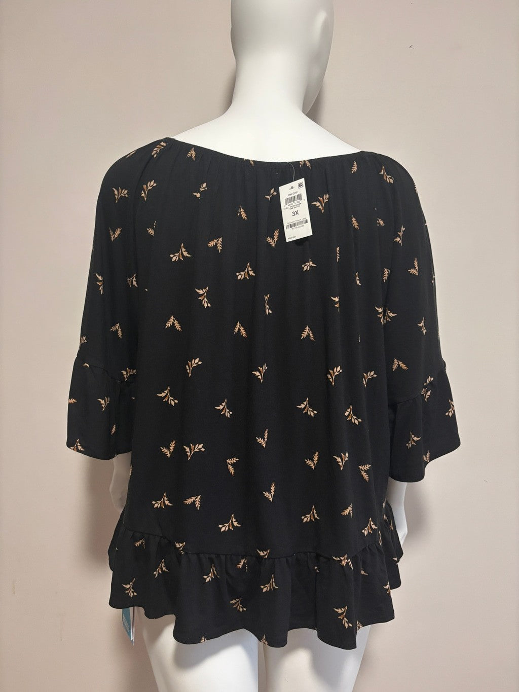 Style & Co Plus Size Black Floral Peasant Blouse, 3/4-Sleeve Top NWT