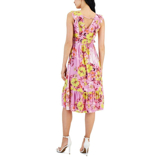 Tinsel Medium Petite Purple/Pink Floral-Print Ruffle-Trim Midi Summer Dress NWT