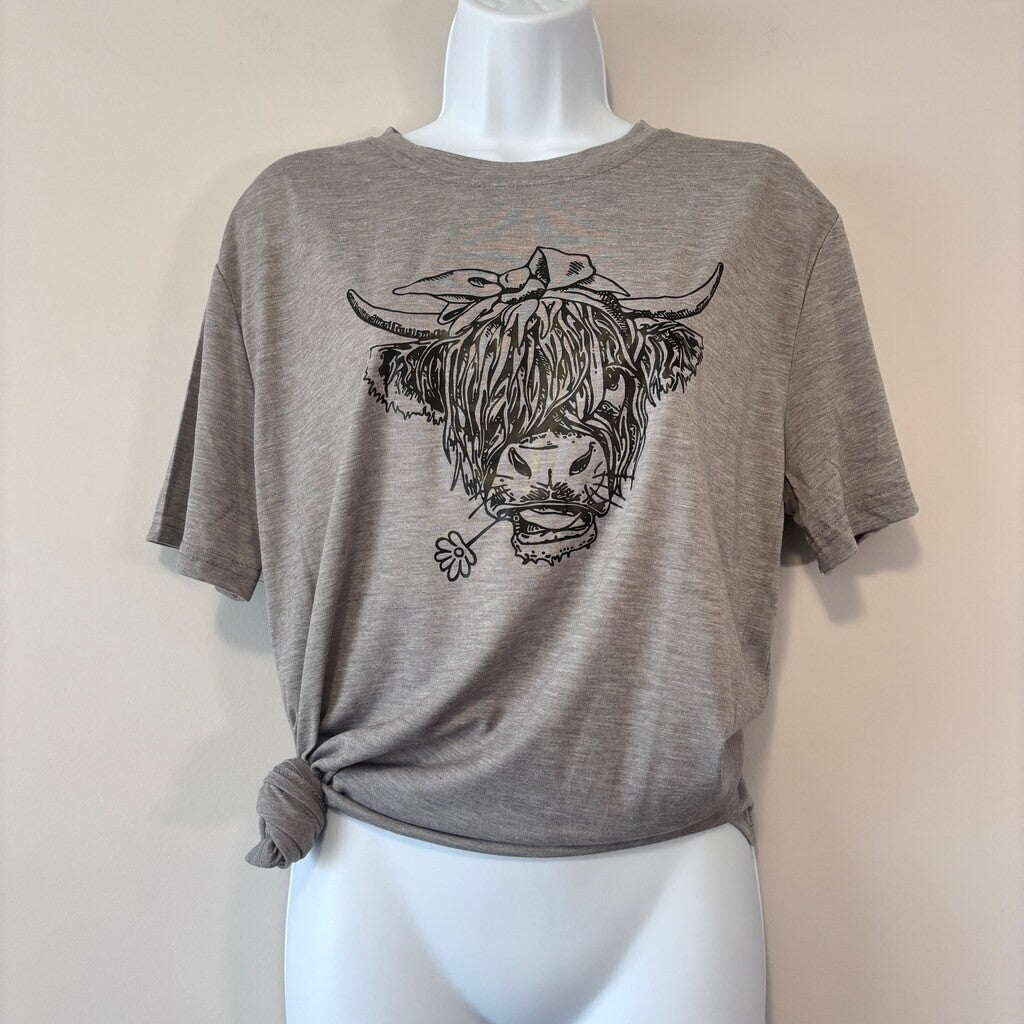 SHEIN Women's Cute Cow Print Grey and Black Tee Graphic Casual Top NIB