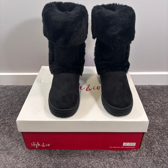 Style & Co Women's Size 5 Suede & Fuzzy Black Witty Winter Boots NIB