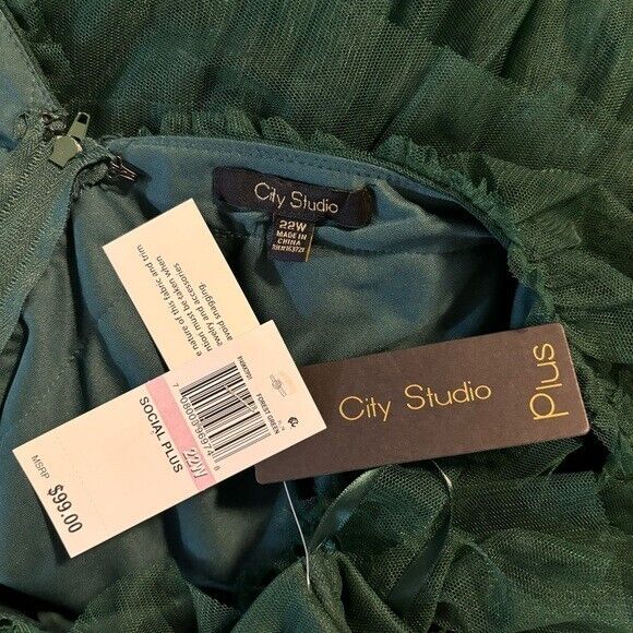 CITY STUDIOS Trendy Plus Size Dark Green Tulle Ruffle Fit & Flare Dress NWT