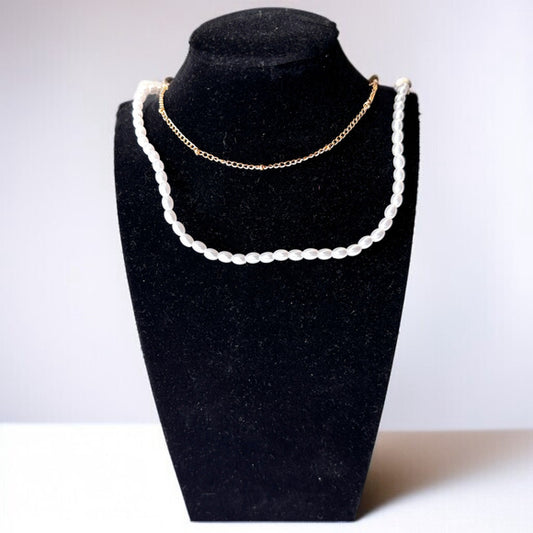 Women's Faux Pearl Double Strand White & Gold Choker Necklace NWT