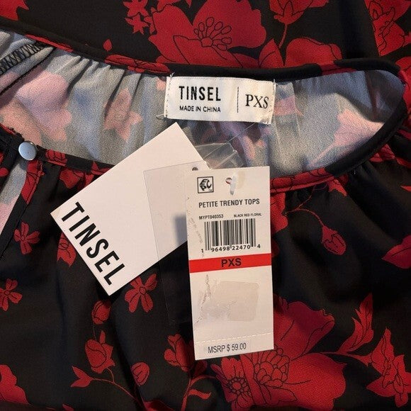 Tinsel Petite PXS Black & Red Floral Front-Keyhole Blouson-Sleeve Blouse/Top NWT