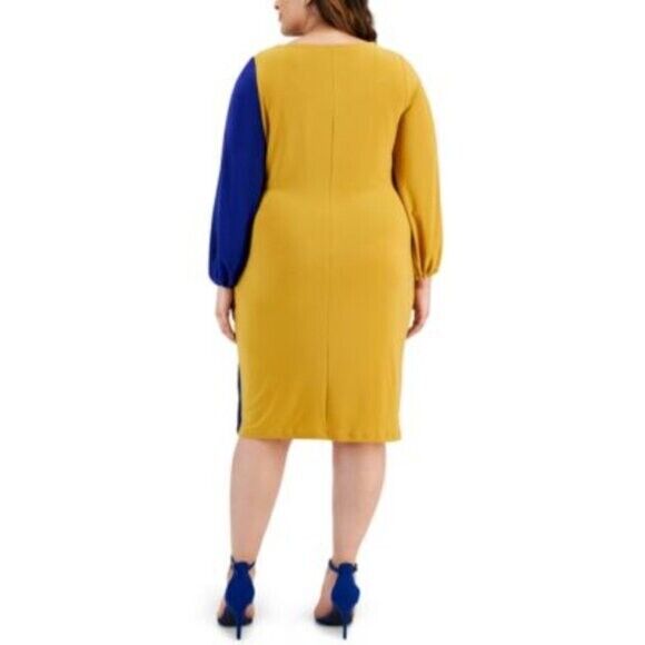 KASPER Plus Size Quinn Blue and Gold Colorblocked Split-Sleeve Dress NWT