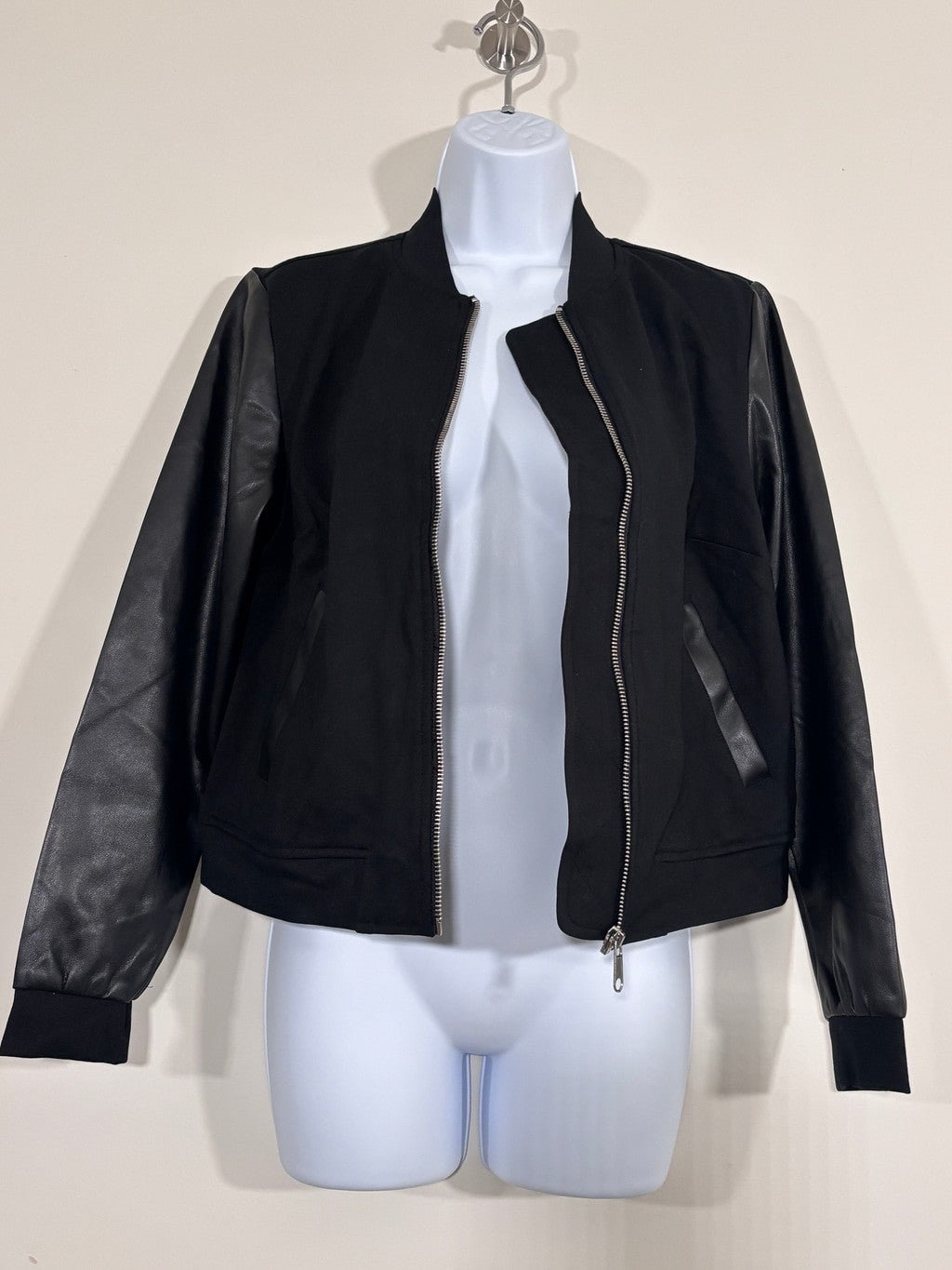 Bar III Women's Petite Small Faux Leather Sleeve Bomber Jacket NWT