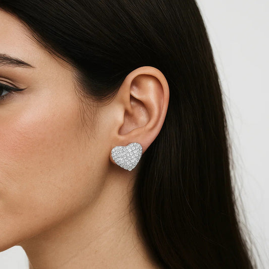 Silver Heart w/ Crystal Rhinestones Pave Clip-On Earrings NWT