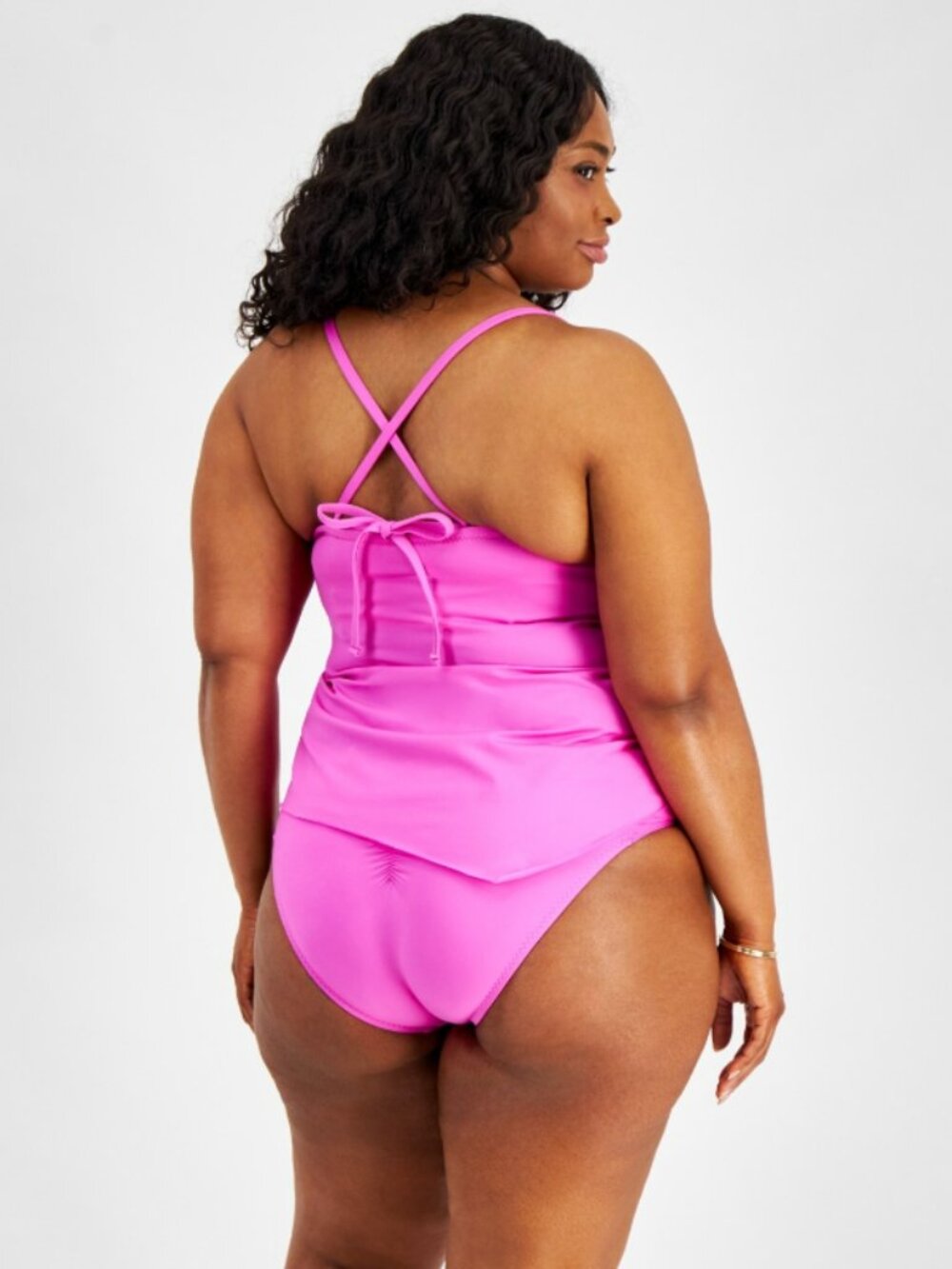 Becca ETC Plus Size 1X Pink Side-Tie Ruffle Adjustable Tankini Top NWT