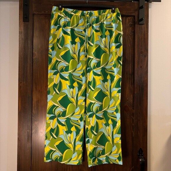 Bar III Women's XL Floral-Print Bright Green High-Rise Pull-On Satin Pants NWT