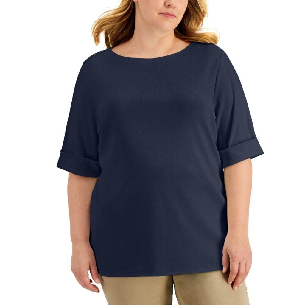 Karen Scott Plus Size Navy Blue 100% Cotton Elbow-Sleeve Top NWT.