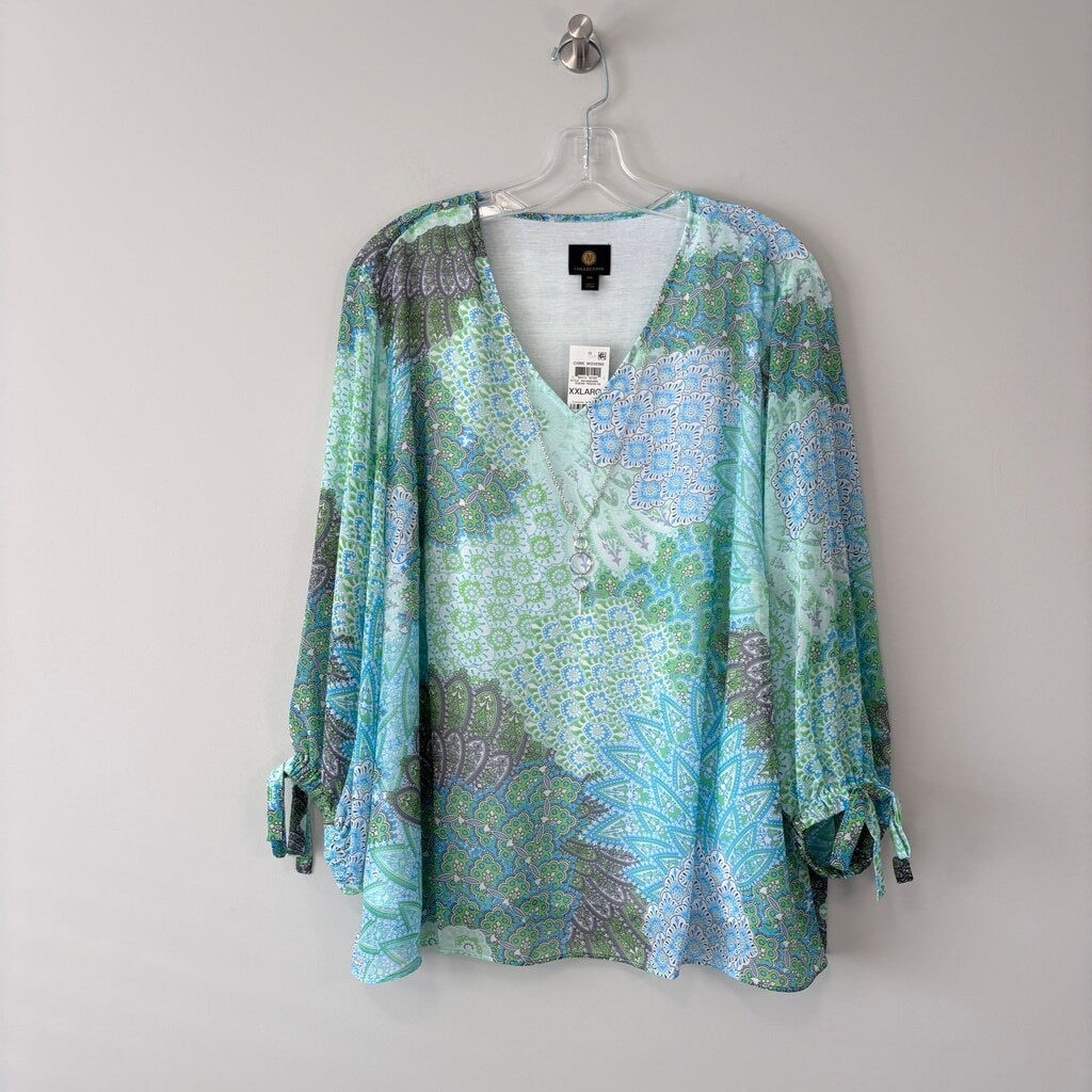 JM Collection Women's XXL Blue & Green Paisley Printed Necklace Top NWT