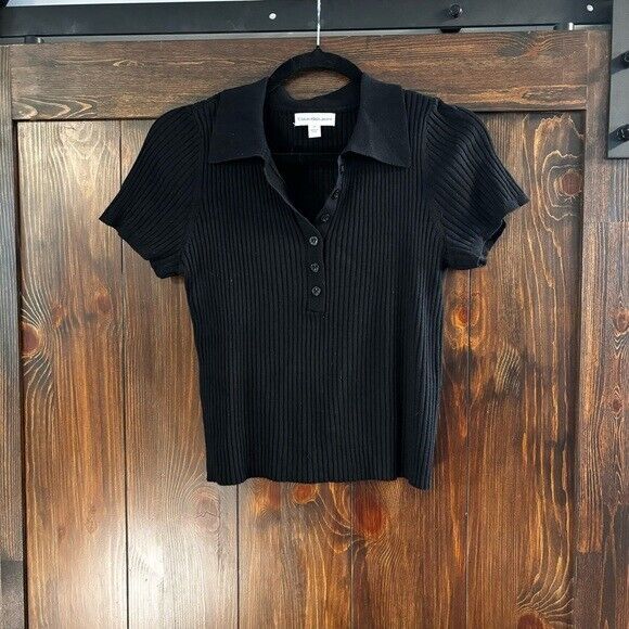 Calvin Klein Jeans Petite Medium Black Ribbed Polo Short Sleeve Shirt NWOT