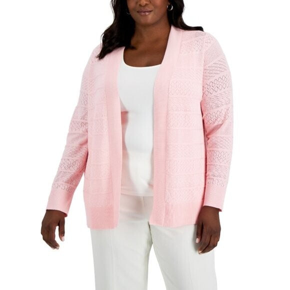 Karen Scott Plus Size 0X Baby Pink Pointelle Open-Front Cardigan NWT