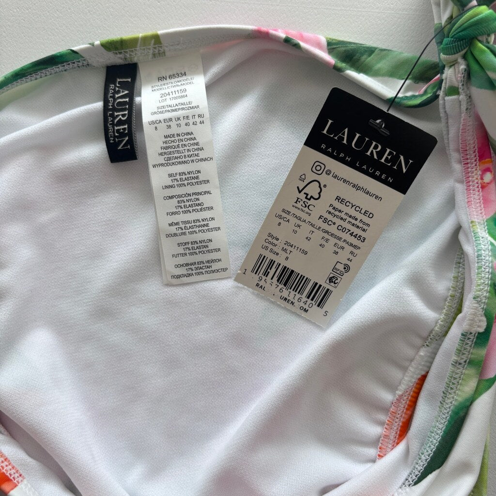 Ralph Lauren Women's 8 Side-Tie White Floral-Print Hipster Bikini Bottoms NWT