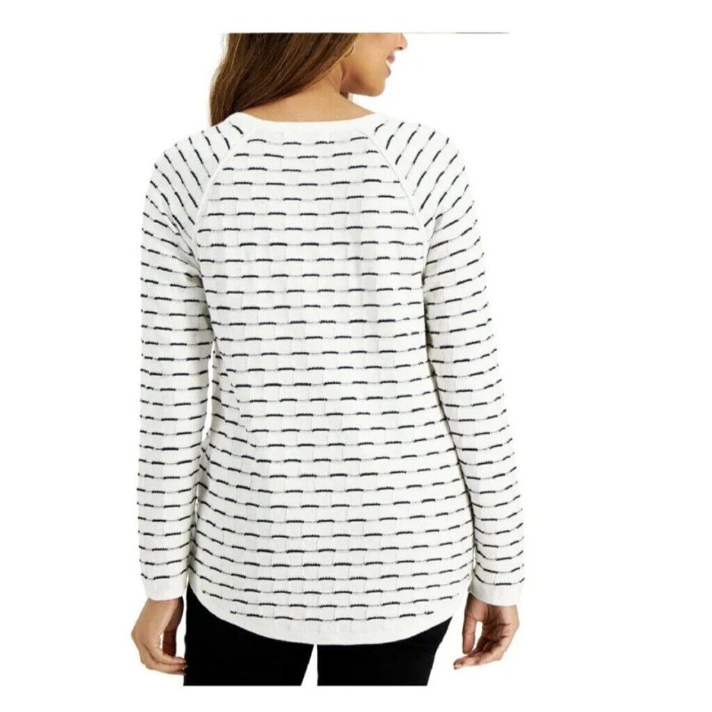 Karen Scott XL Petite White & Black 100% Cotton Curved-Hem Sweater NWT