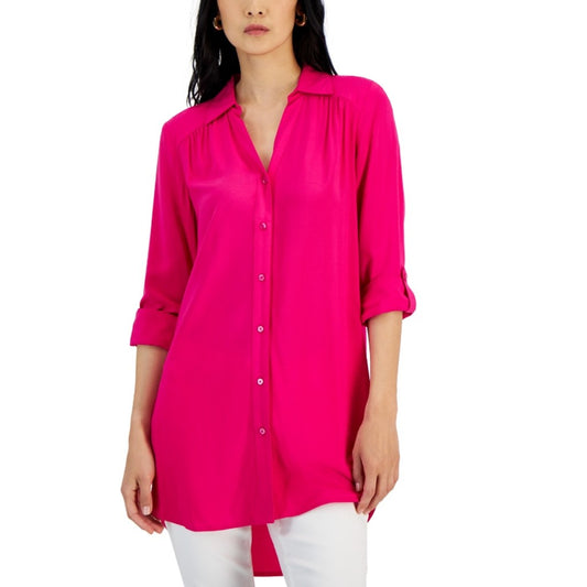 INC International Concepts XL Hot Pink Button Down Tunic Blouse - Very Long! NWT