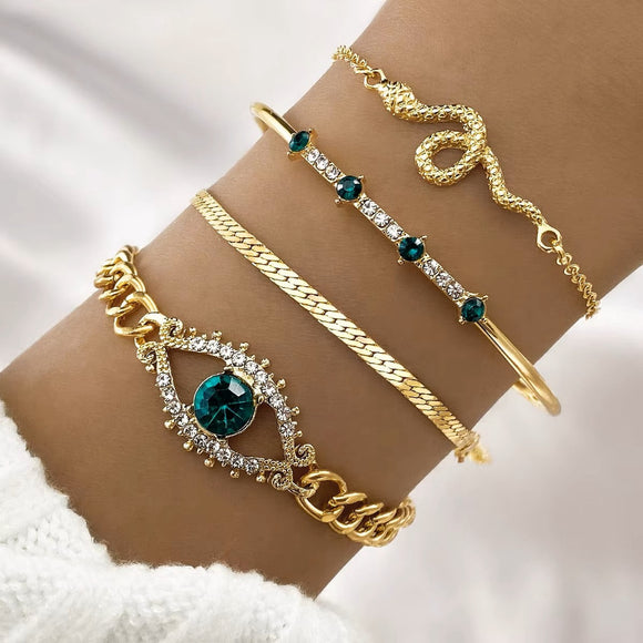 Gold & Emerald Crystal Eye, Snake & Chain Bracelet Stacking Set (4 Pieces) NWT