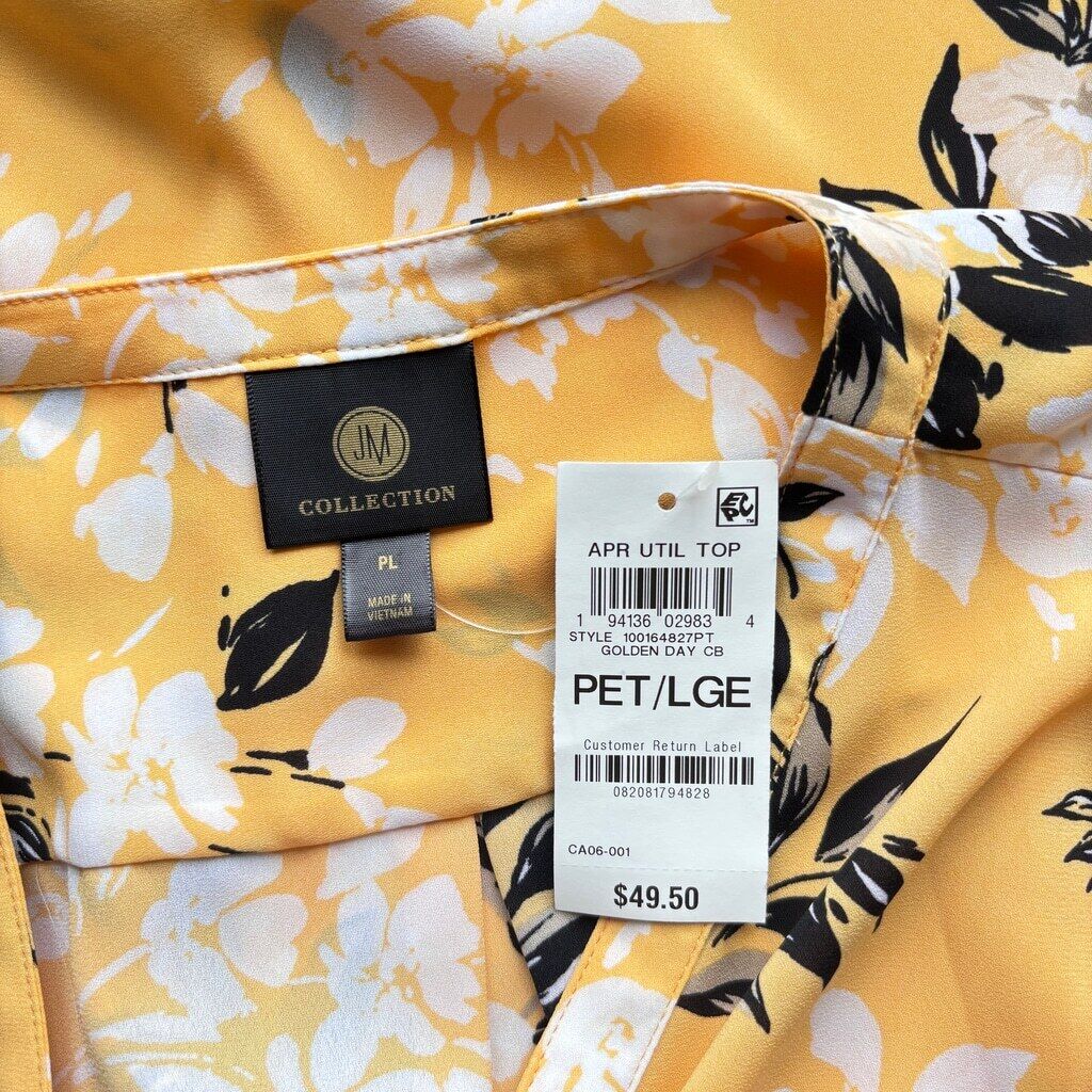 JM Collection Women's Large Petite White Floral Printed Yellow Utility Top NWT