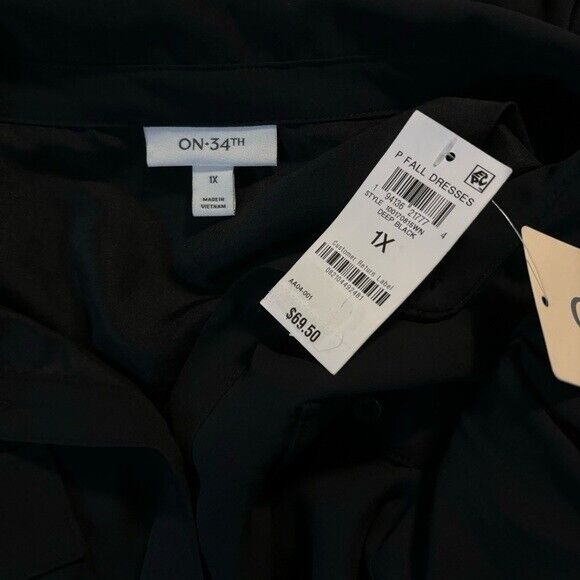 On 34th Plus Size Long-Sleeve Belted Black Shirtdress NWT