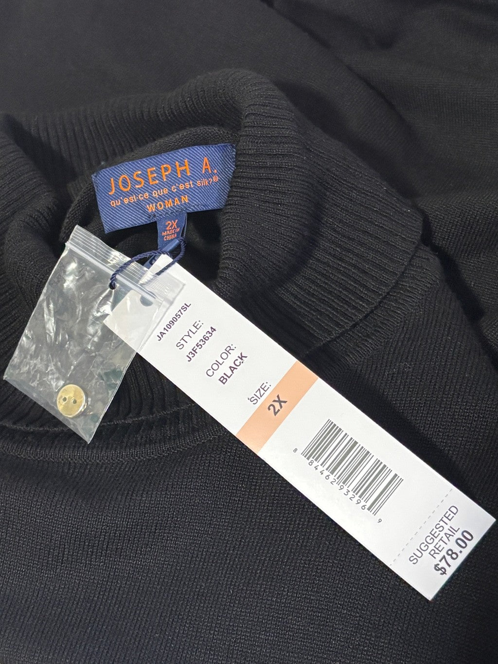 Joseph A. Plus Size 2X Black Turtleneck Knit Sweater with Button Cuff Detail NWT