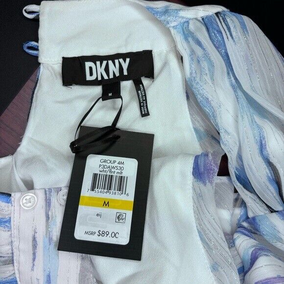 DKNY Women's Medium Blue Chiffon Printed Crisscross Metallic-Detail Top NWT