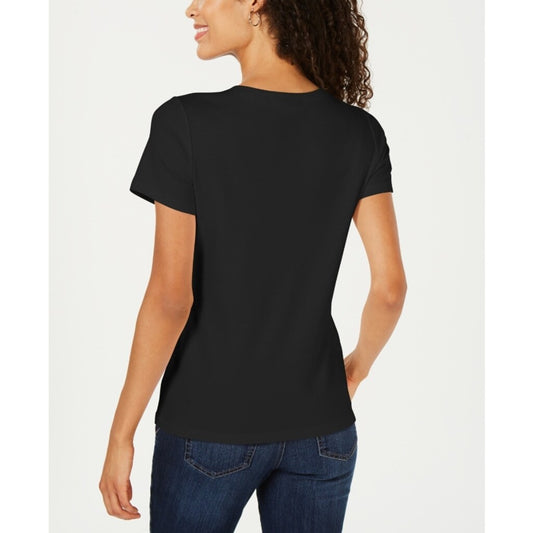 Karen Scott Women's Medium Petite 100% Cotton Black Henley Short Sleeve Top NWT