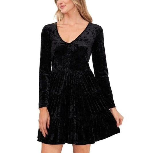 CECE Women's Small Black Crushed Velvet Tiered Long Sleeved Dress NWT
